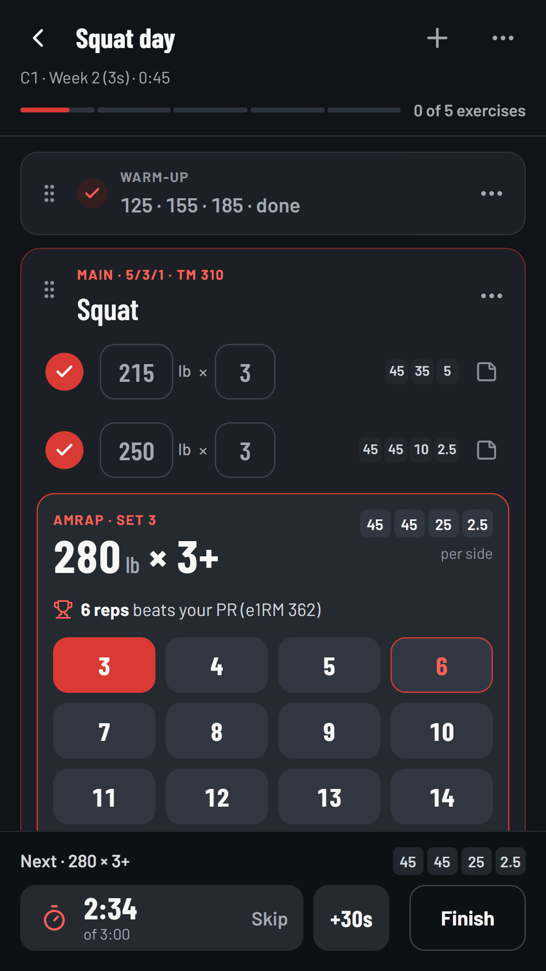 Brogression session screen: a 5/3/1 squat day with each set worked out to plates per side and an AMRAP rep target for a PR.