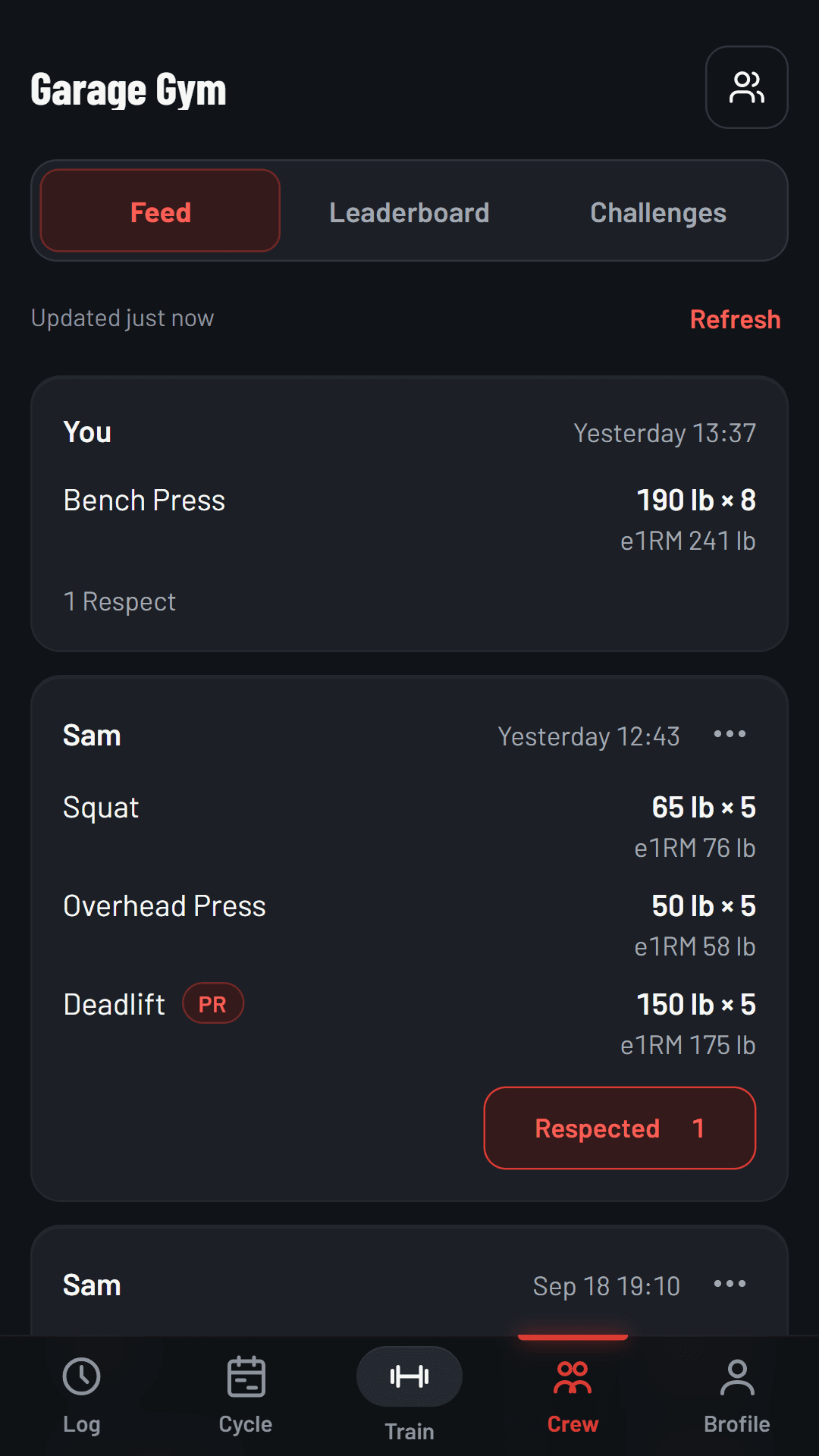 Crew feed: a crew's recent sessions, top sets and PRs.